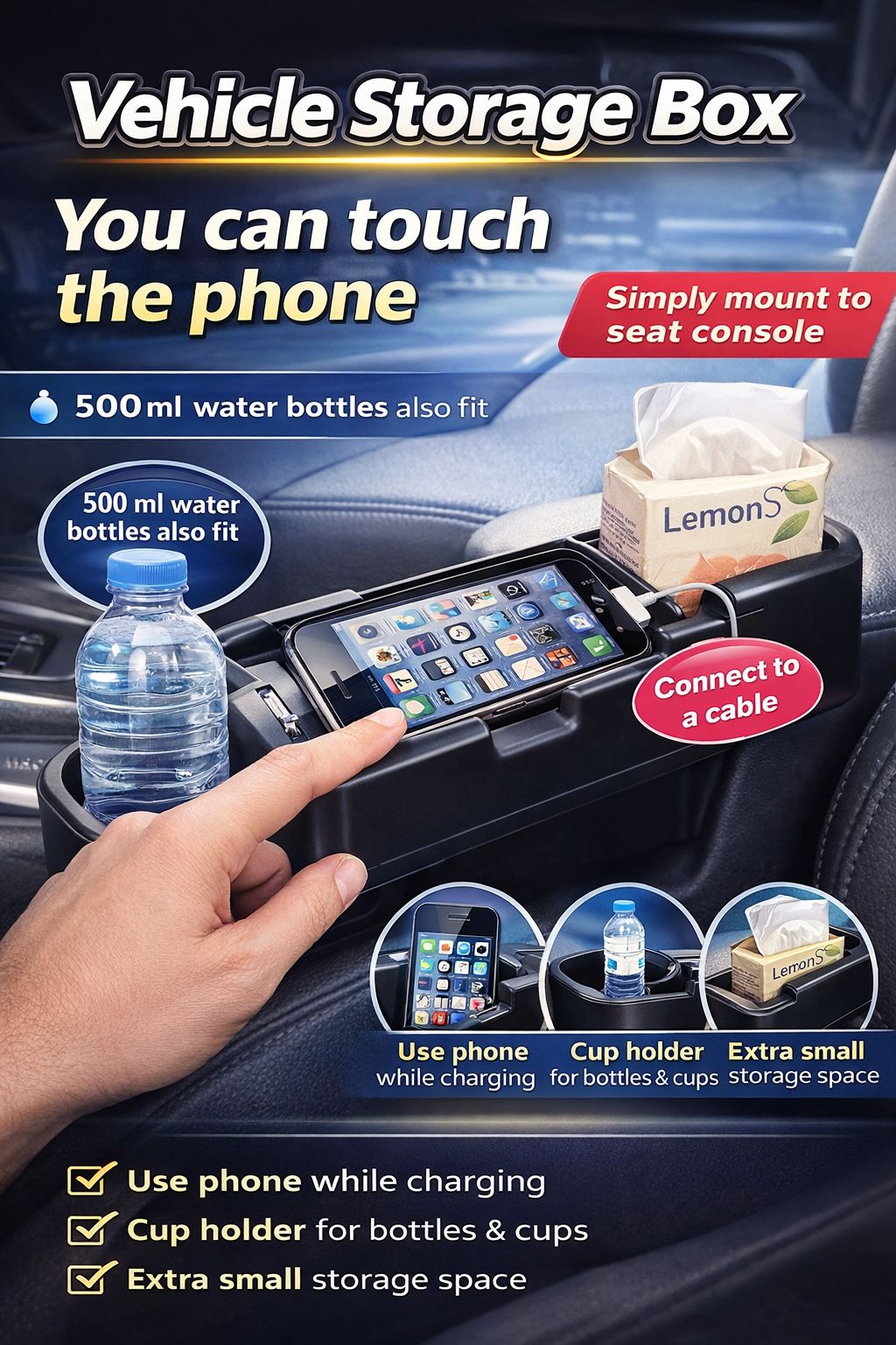 Car Seat Console Storage Box with Phone Holder, Charging Cable Slot & Cup Holder - Fits 500ml Bottles