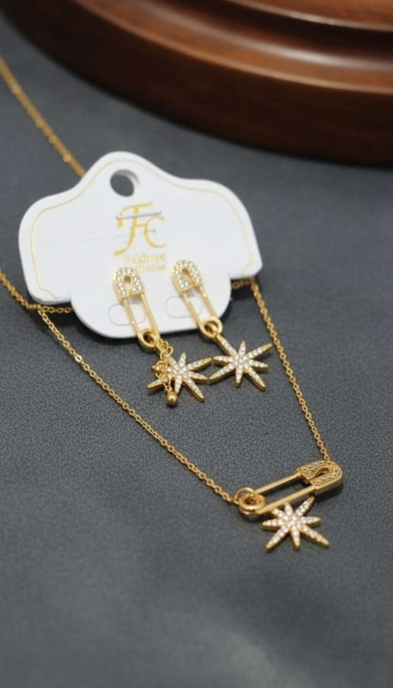 Star Safety Pin Necklace & Earrings Set for Women | Sparkling Fadthree Jewelry