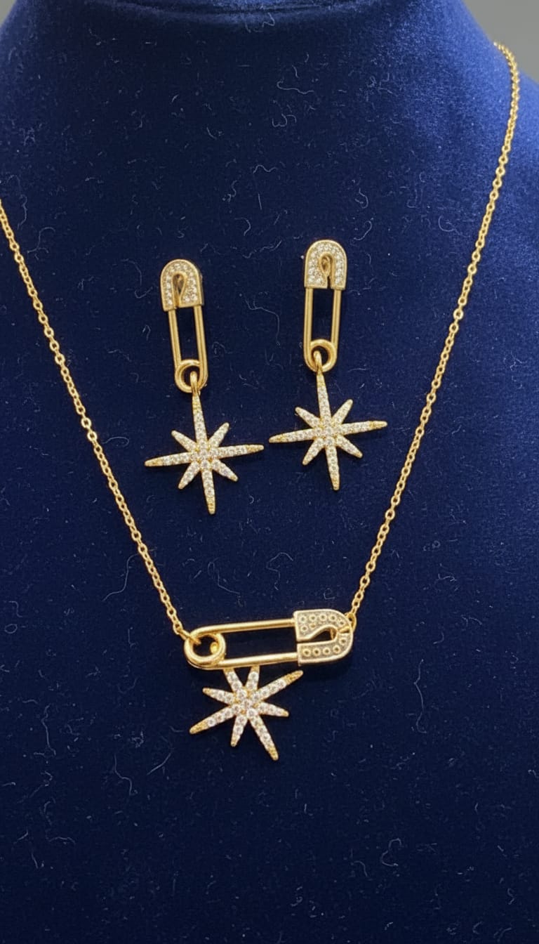 Star Safety Pin Necklace & Earrings Set for Women | Sparkling Fadthree Jewelry