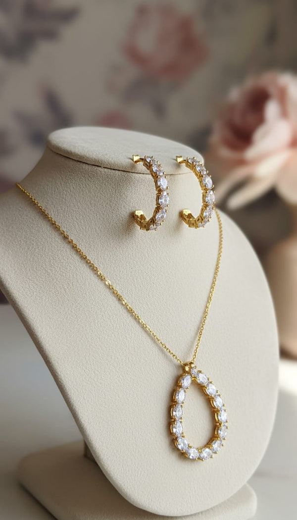 Teardrop Hoop Necklace & Earrings Set for Women | Sparkling Oval Jewelry