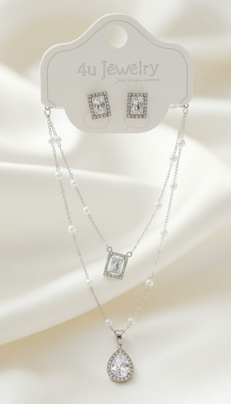 Rectangle & Teardrop Pearl Necklace & Earrings Set for Women | Sparkling 4u Jewelry