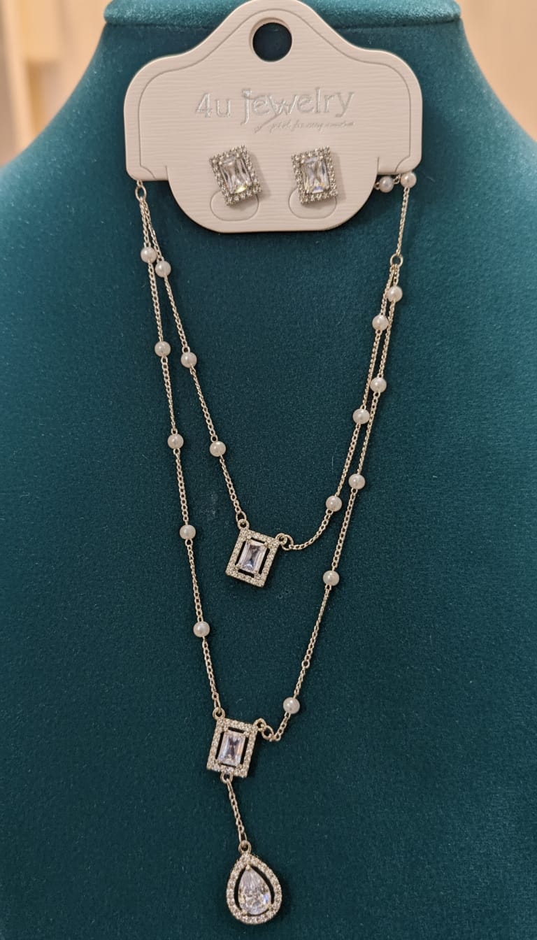 Rectangle & Teardrop Pearl Necklace & Earrings Set for Women | Sparkling 4u Jewelry