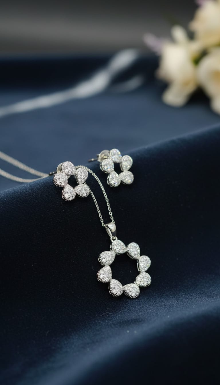 Flower Circle Pendant Necklace & Earrings Set for Women | Sparkling Jewelry