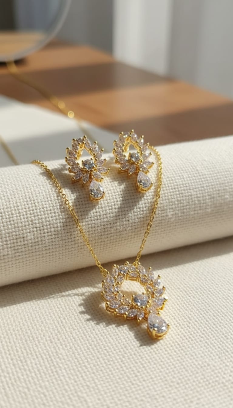 Floral Wreath Teardrop Pendant Necklace & Earrings Set for Women | Sparkling Jewelry