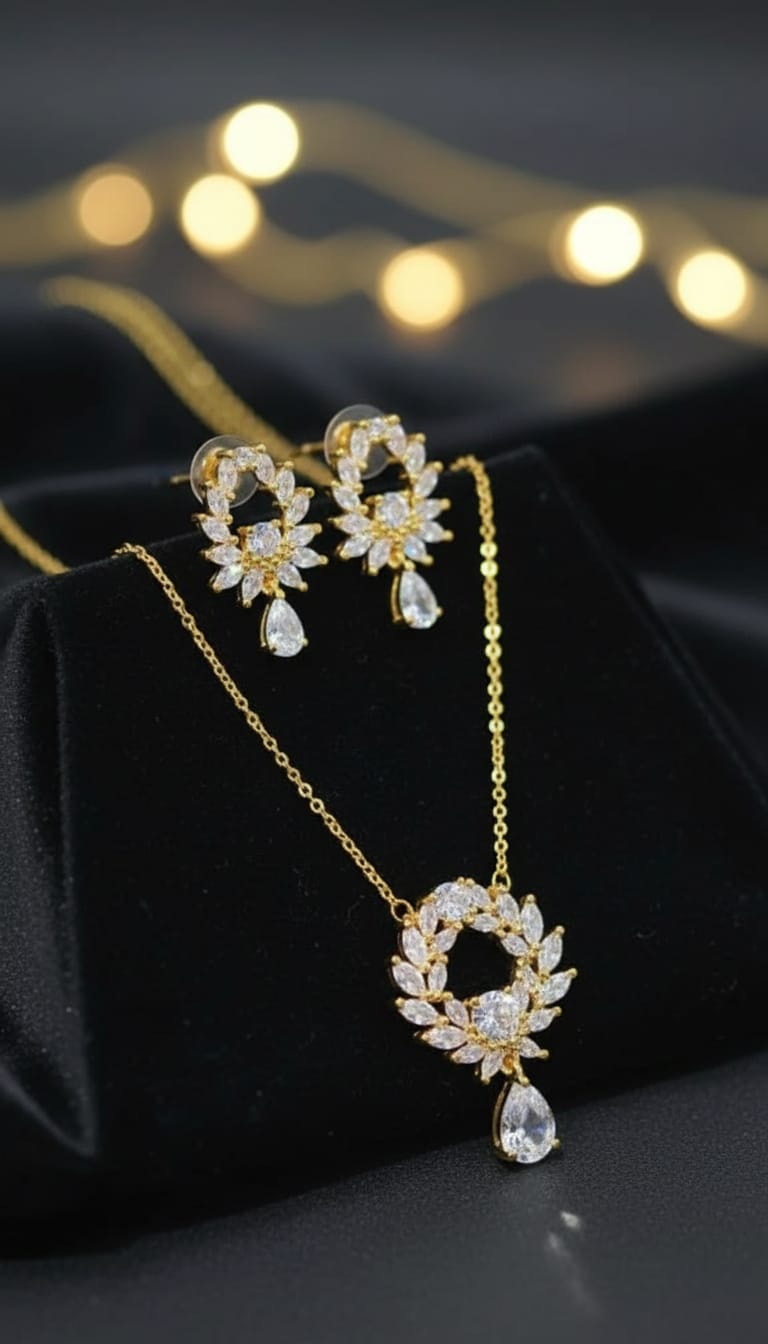 Floral Wreath Teardrop Pendant Necklace & Earrings Set for Women | Sparkling Jewelry