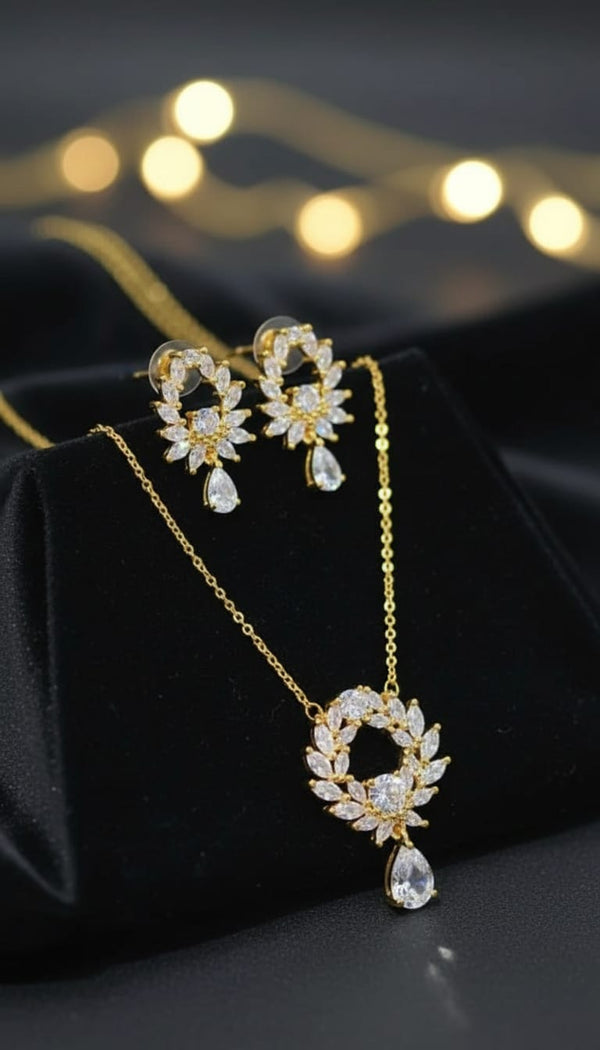 Floral Wreath Teardrop Pendant Necklace & Earrings Set for Women | Sparkling Jewelry