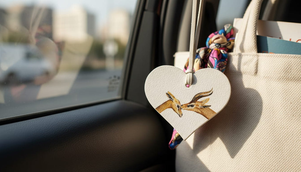 Luxury White Leather Heart Car Perfume Tag – Romantic Deer Couple Illustration