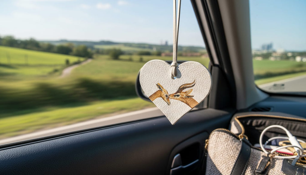 Luxury White Leather Heart Car Perfume Tag – Romantic Deer Couple Illustration