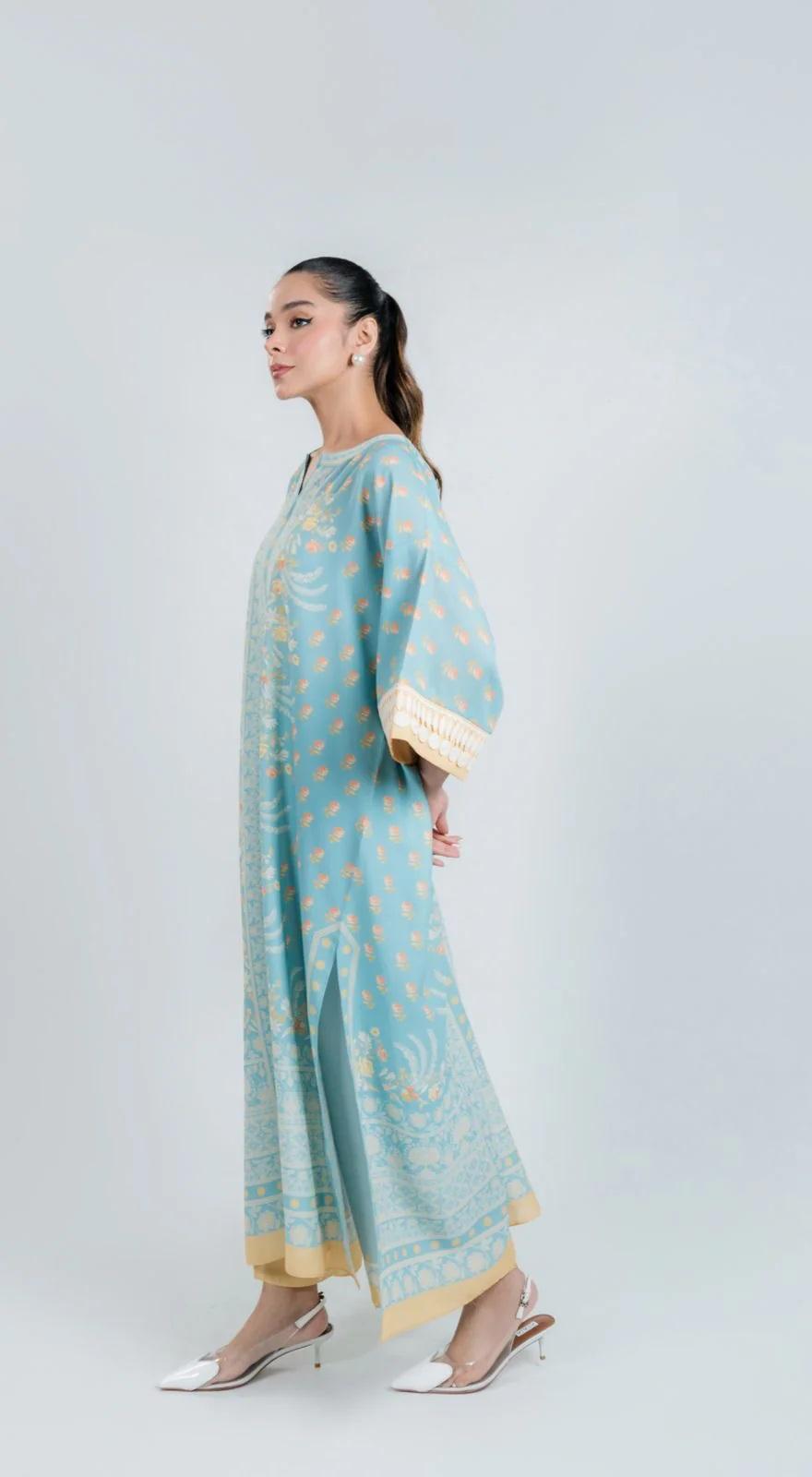Sky Blue Floral Printed Premium Crepe Kaftan | Elegant Wide Sleeve Caftan | SKU: J6122