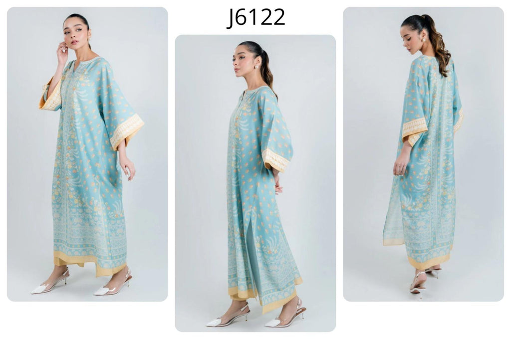 Sky Blue Floral Printed Premium Crepe Kaftan | Elegant Wide Sleeve Caftan | SKU: J6122