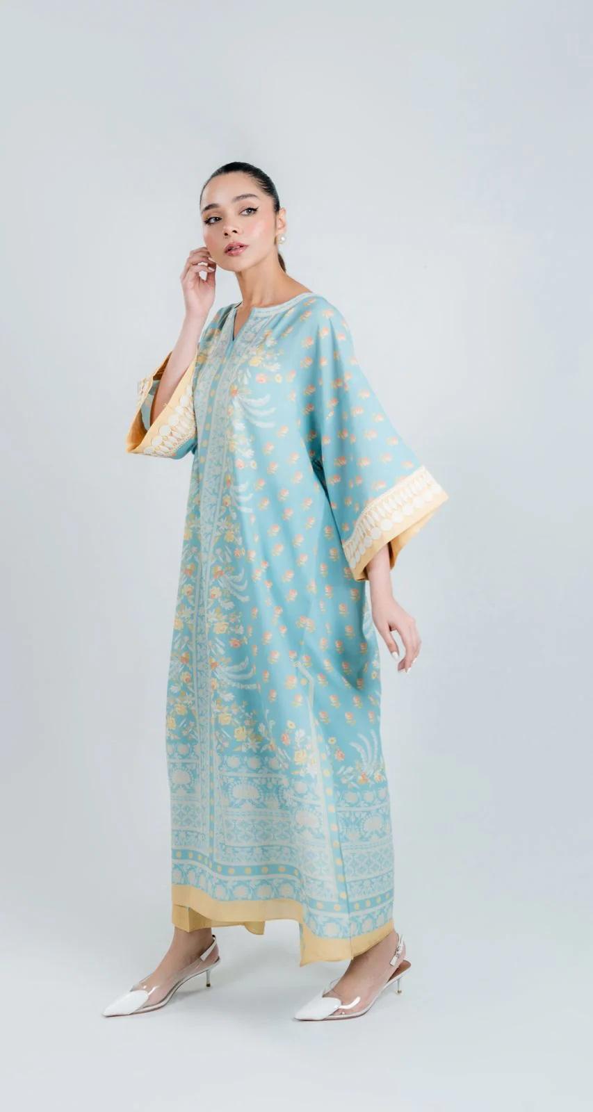 Sky Blue Floral Printed Premium Crepe Kaftan | Elegant Wide Sleeve Caftan | SKU: J6122