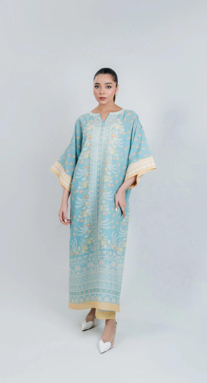 Sky Blue Floral Printed Premium Crepe Kaftan | Elegant Wide Sleeve Caftan | SKU: J6122