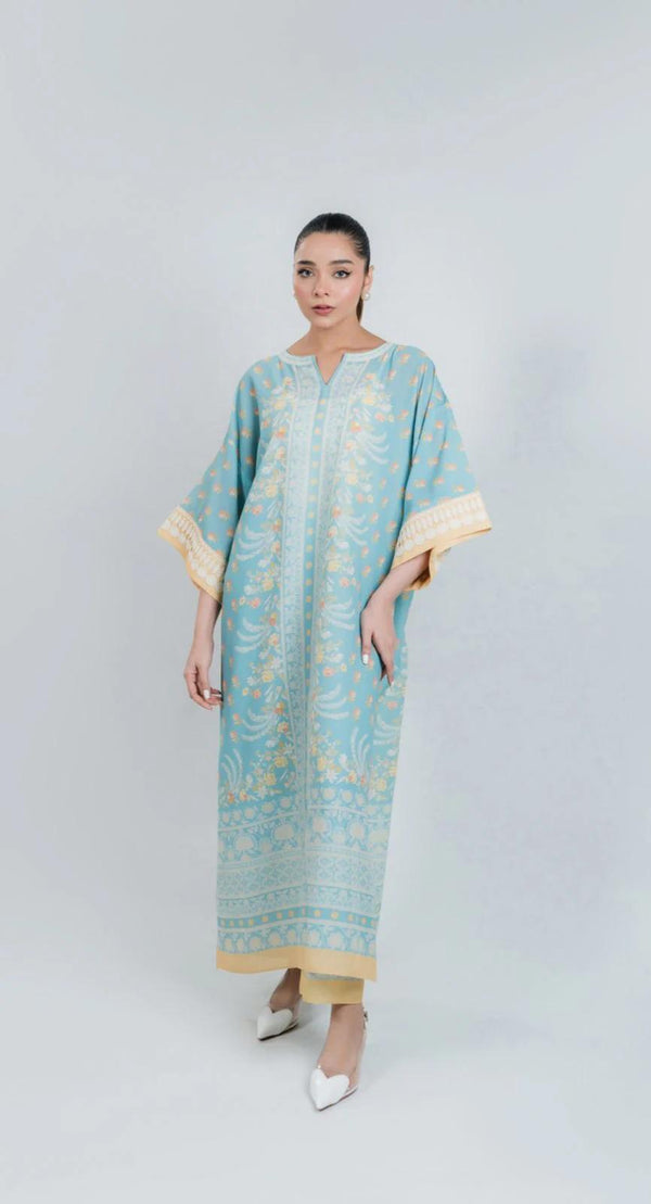 Sky Blue Floral Printed Premium Crepe Kaftan | Elegant Wide Sleeve Caftan | SKU: J6122