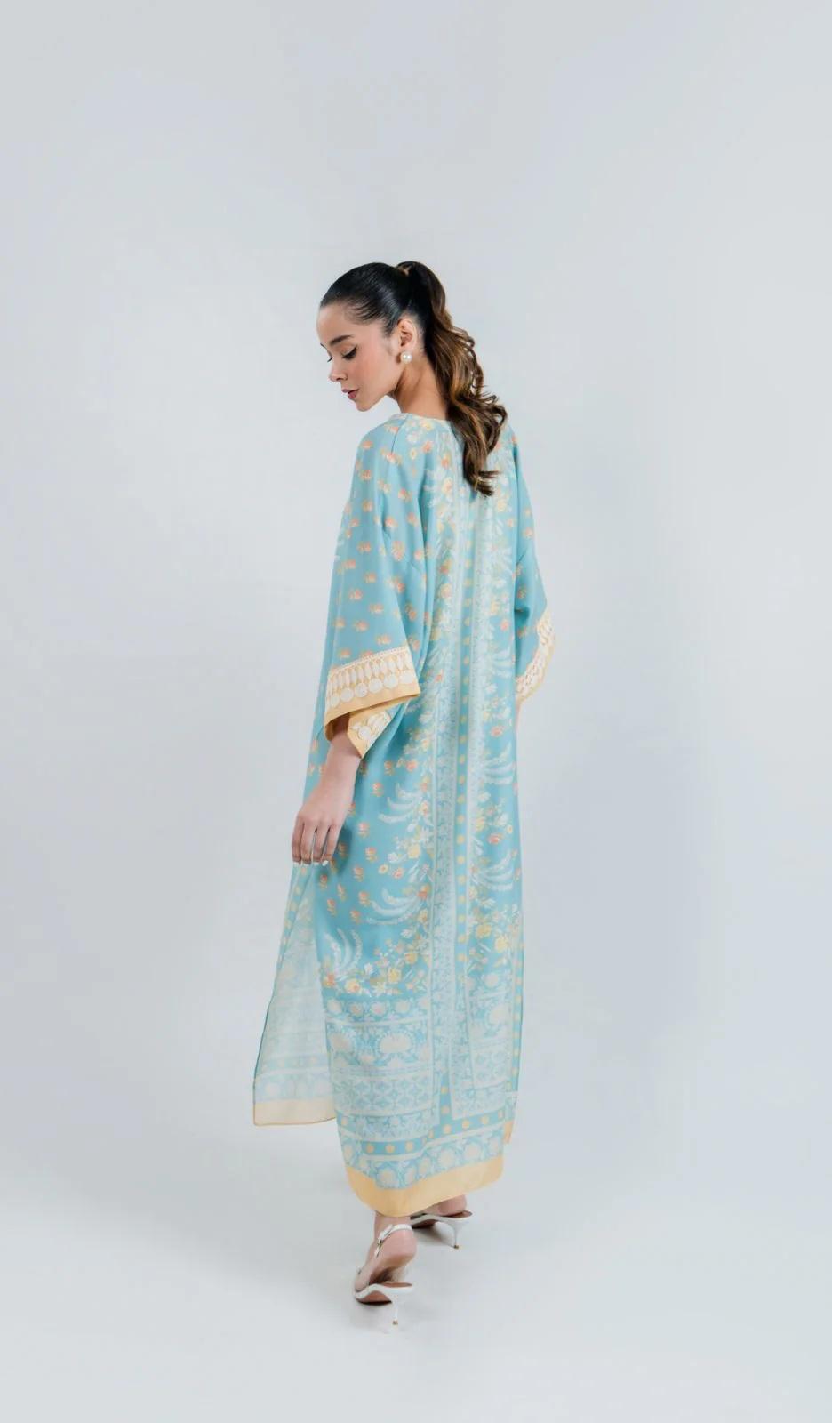 Sky Blue Floral Printed Premium Crepe Kaftan | Elegant Wide Sleeve Caftan | SKU: J6122