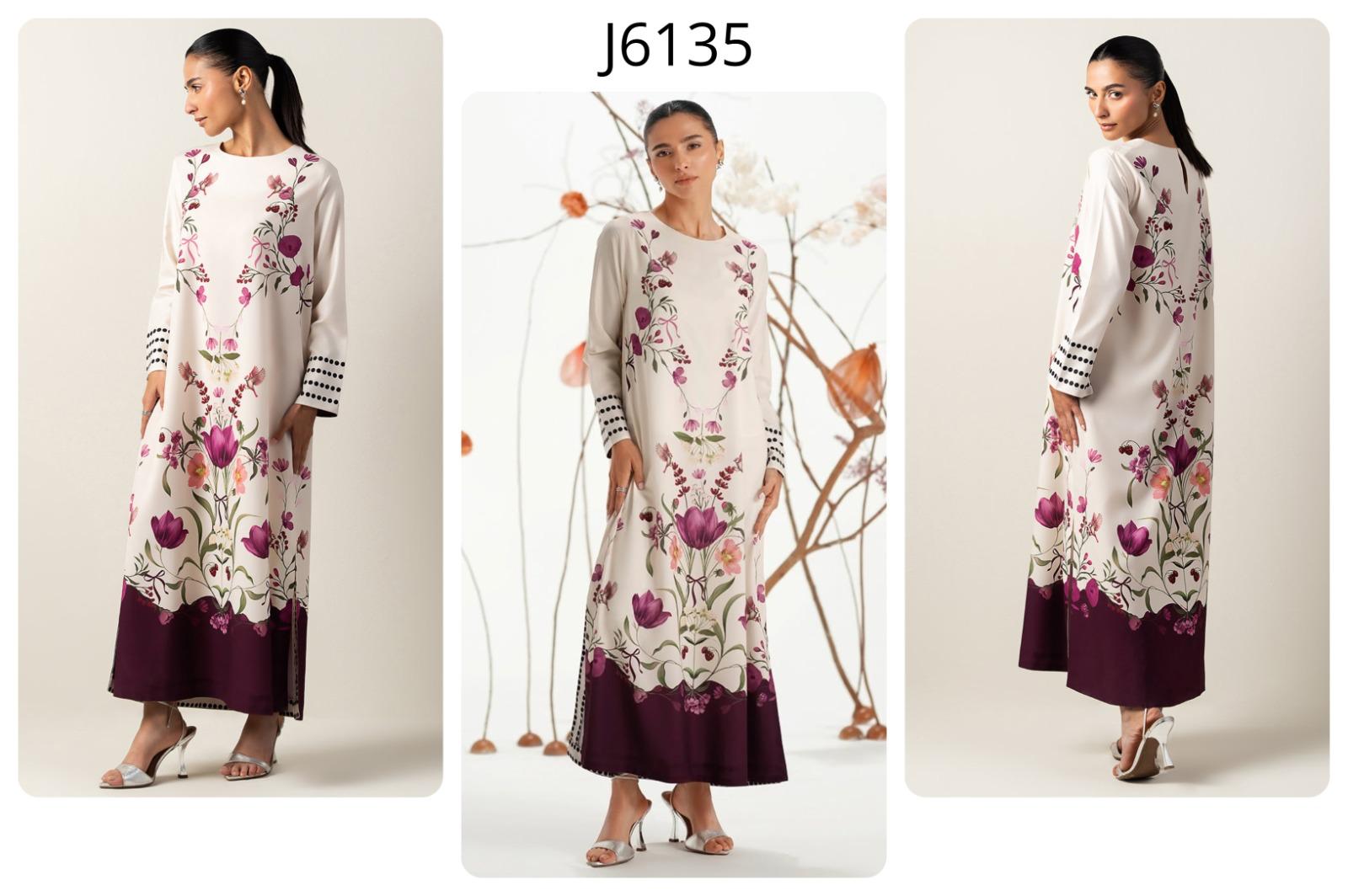 Cream Multi-Floral Printed Premium Crepe Long Top with Purple Hem | Elegant Maxi Tunic | SKU: J6135 (Only Top)