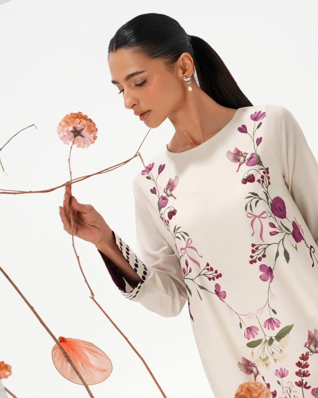 Cream Multi-Floral Printed Premium Crepe Long Top with Purple Hem | Elegant Maxi Tunic | SKU: J6135 (Only Top)