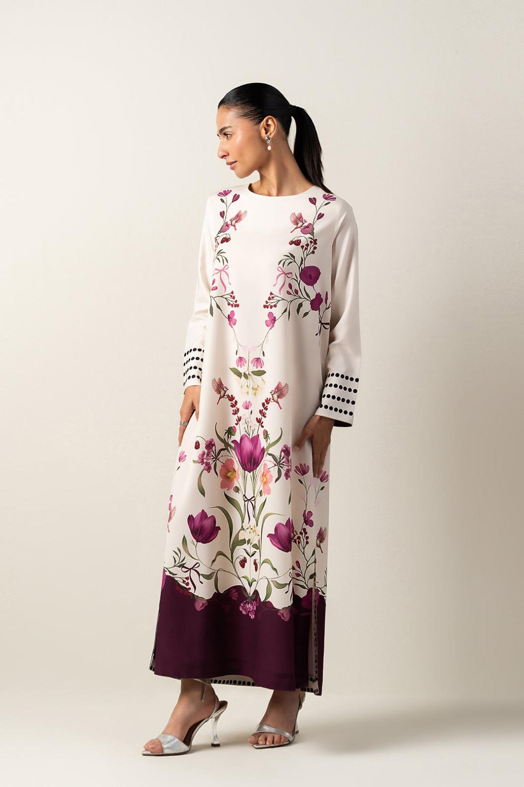 Cream Multi-Floral Printed Premium Crepe Long Top with Purple Hem | Elegant Maxi Tunic | SKU: J6135 (Only Top)