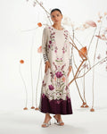 Cream Multi-Floral Printed Premium Crepe Long Top with Purple Hem | Elegant Maxi Tunic | SKU: J6135 (Only Top)