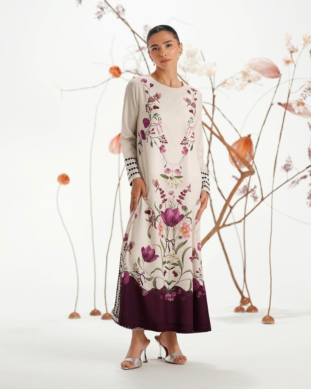Cream Multi-Floral Printed Premium Crepe Long Top with Purple Hem | Elegant Maxi Tunic | SKU: J6135 (Only Top)