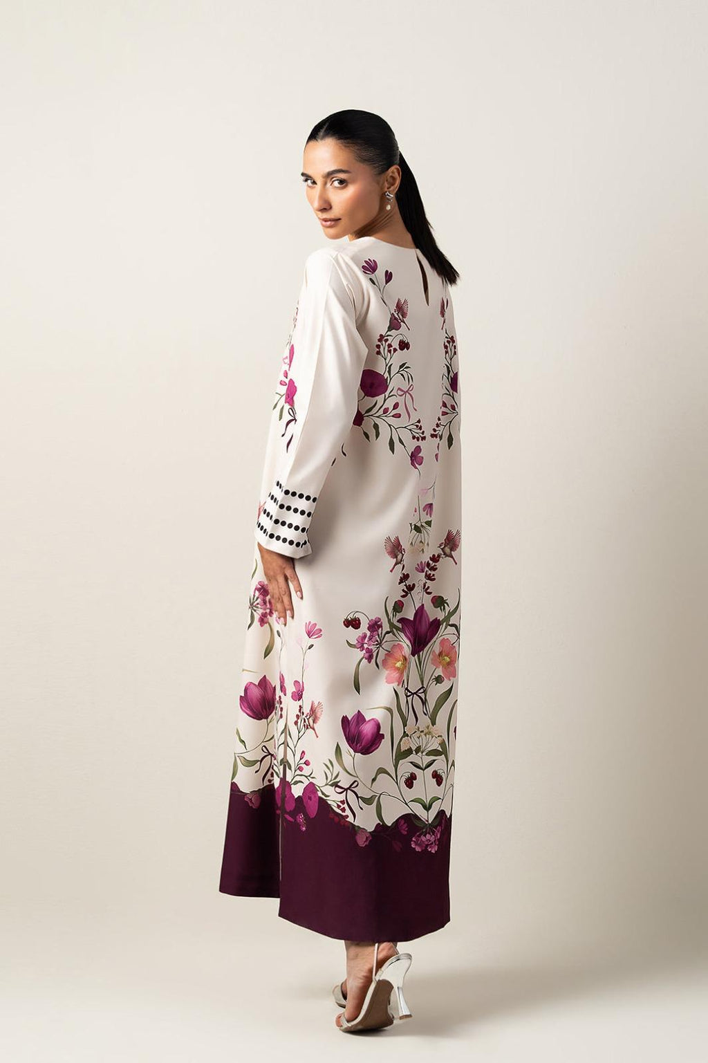 Cream Multi-Floral Printed Premium Crepe Long Top with Purple Hem | Elegant Maxi Tunic | SKU: J6135 (Only Top)