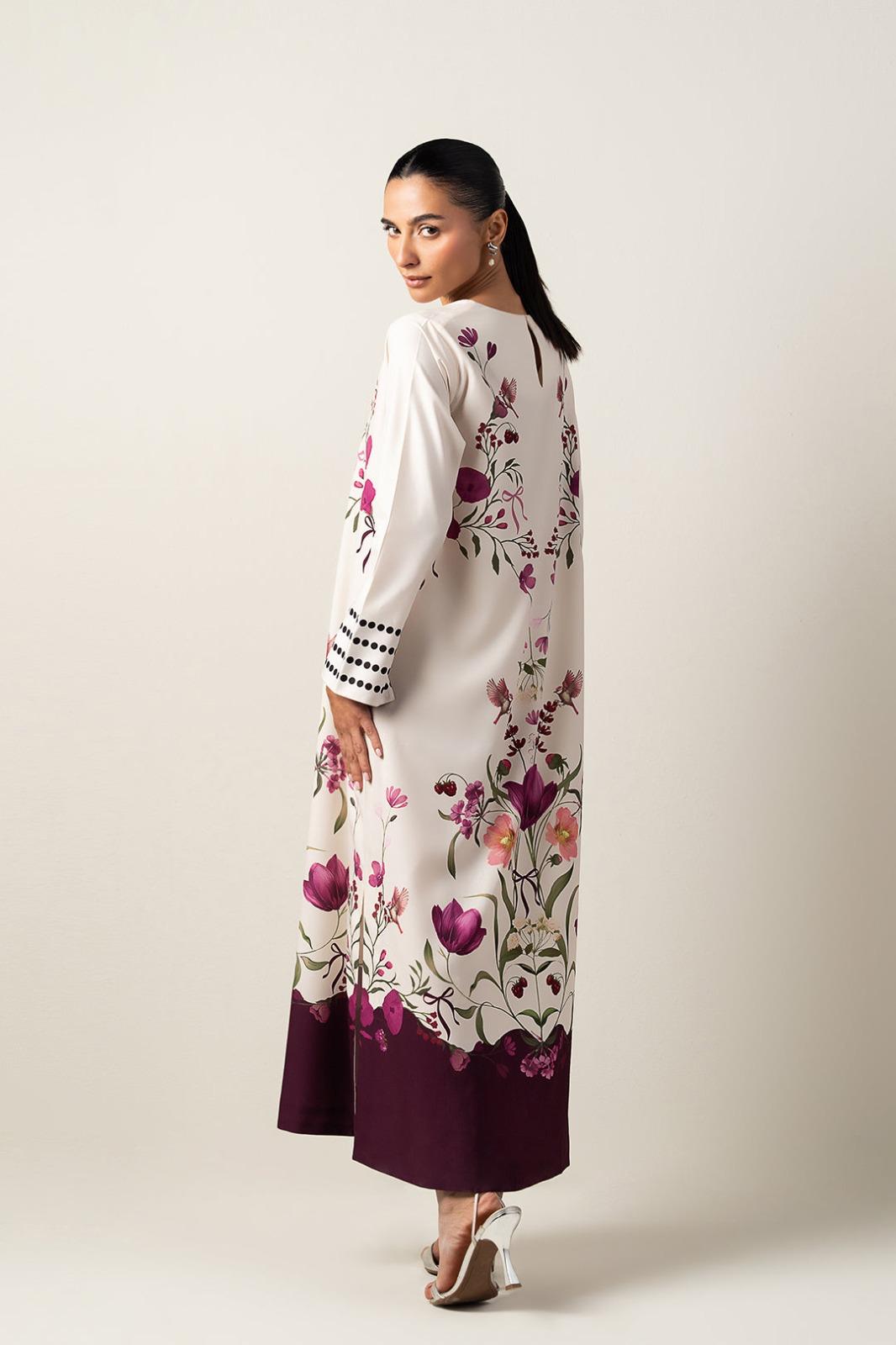 Cream Multi-Floral Printed Premium Crepe Long Top with Purple Hem | Elegant Maxi Tunic | SKU: J6135 (Only Top)