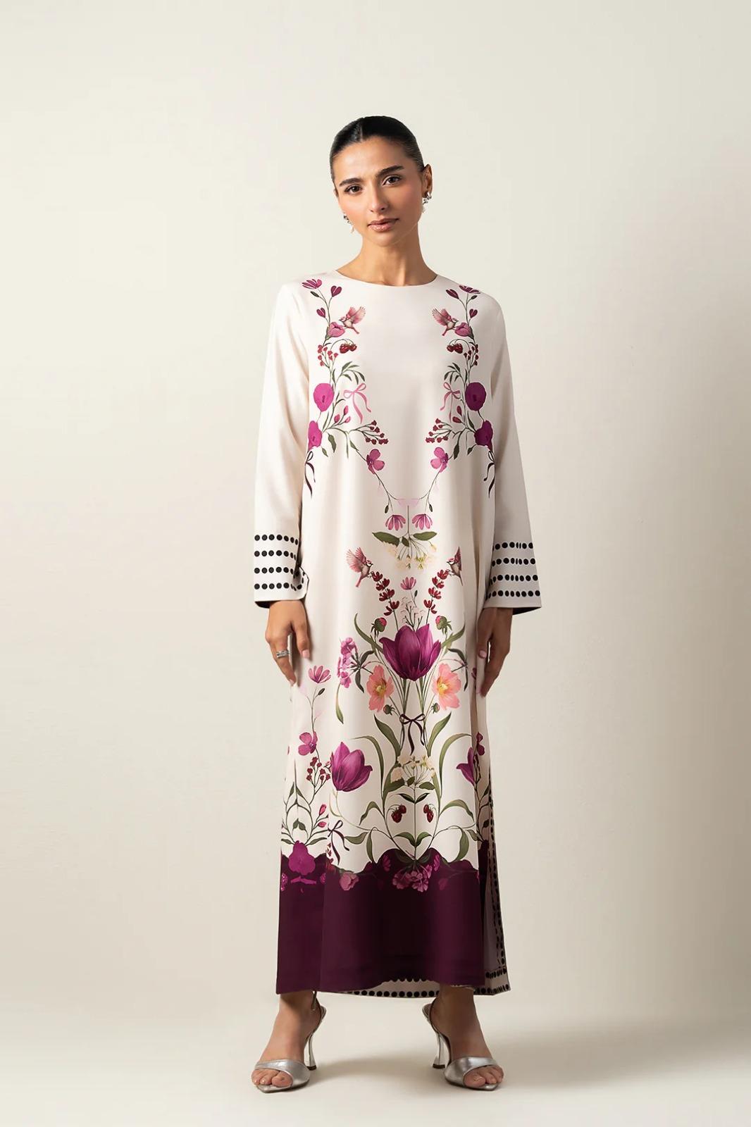 Cream Multi-Floral Printed Premium Crepe Long Top with Purple Hem | Elegant Maxi Tunic | SKU: J6135 (Only Top)