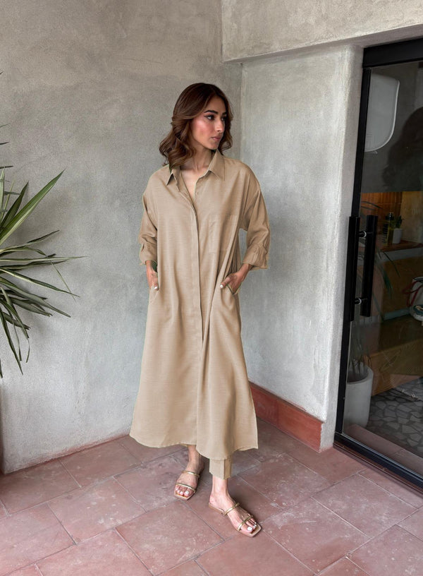 Beige Linen Cotton Blend Long Shirt Co-ord Set | Collared Button-Down Shirt with Pants | Available in Pink, Beige & Yellow | SKU: J7089