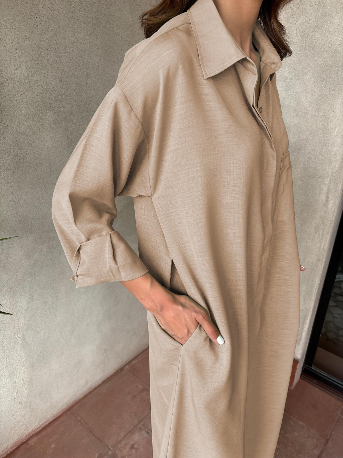 Beige Linen Cotton Blend Long Shirt Co-ord Set | Collared Button-Down Shirt with Pants | Available in Pink, Beige & Yellow | SKU: J7089