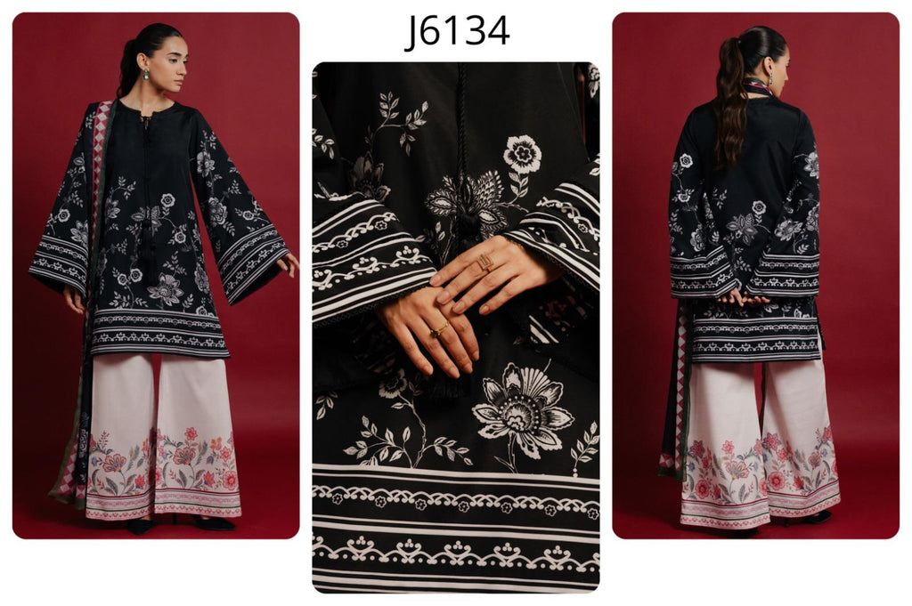 Black Floral Printed Premium Soft Crepe 3PC Coord Set with Scarf | Wide Sleeves & Palazzo Pants | SKU: J6134
