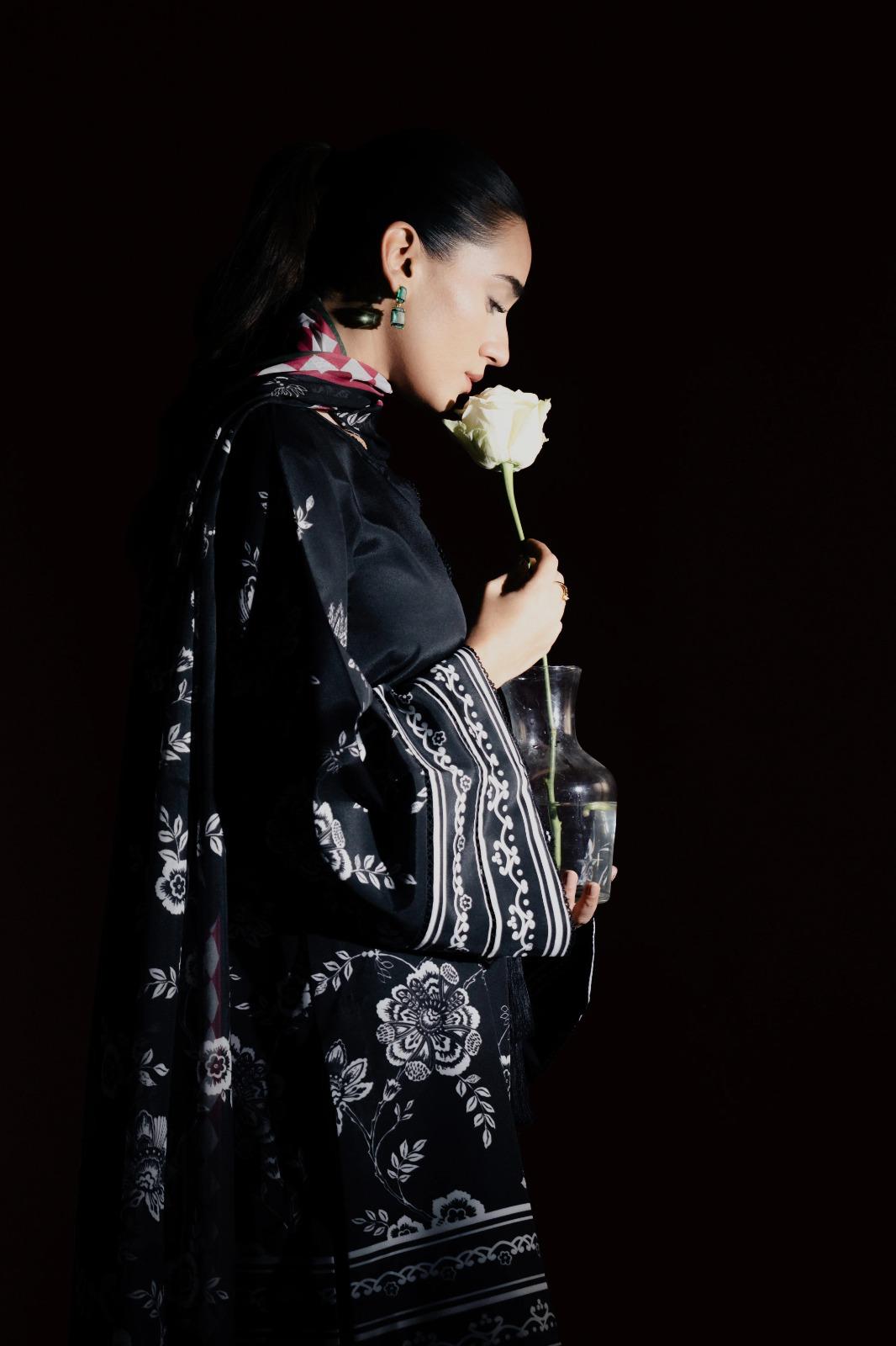 Black Floral Printed Premium Soft Crepe 3PC Coord Set with Scarf | Wide Sleeves & Palazzo Pants | SKU: J6134