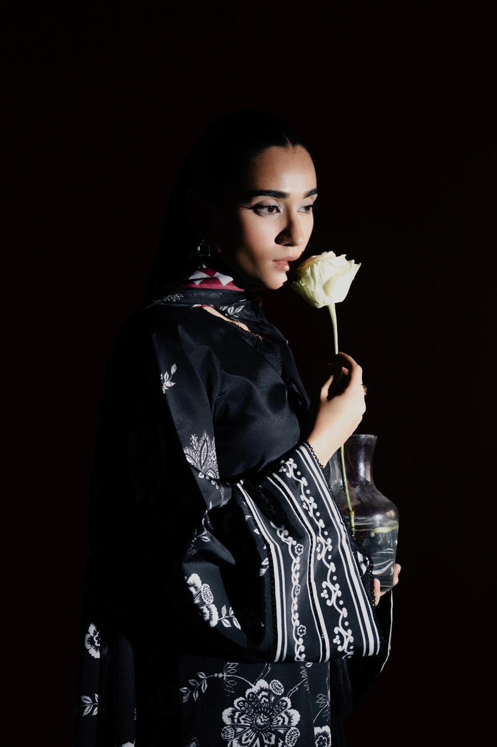 Black Floral Printed Premium Soft Crepe 3PC Coord Set with Scarf | Wide Sleeves & Palazzo Pants | SKU: J6134