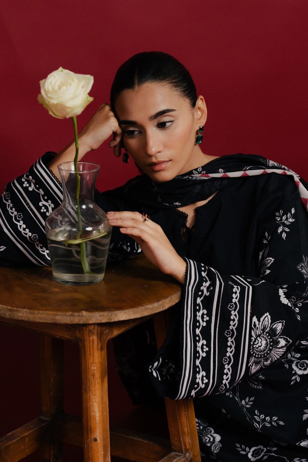 Black Floral Printed Premium Soft Crepe 3PC Coord Set with Scarf | Wide Sleeves & Palazzo Pants | SKU: J6134
