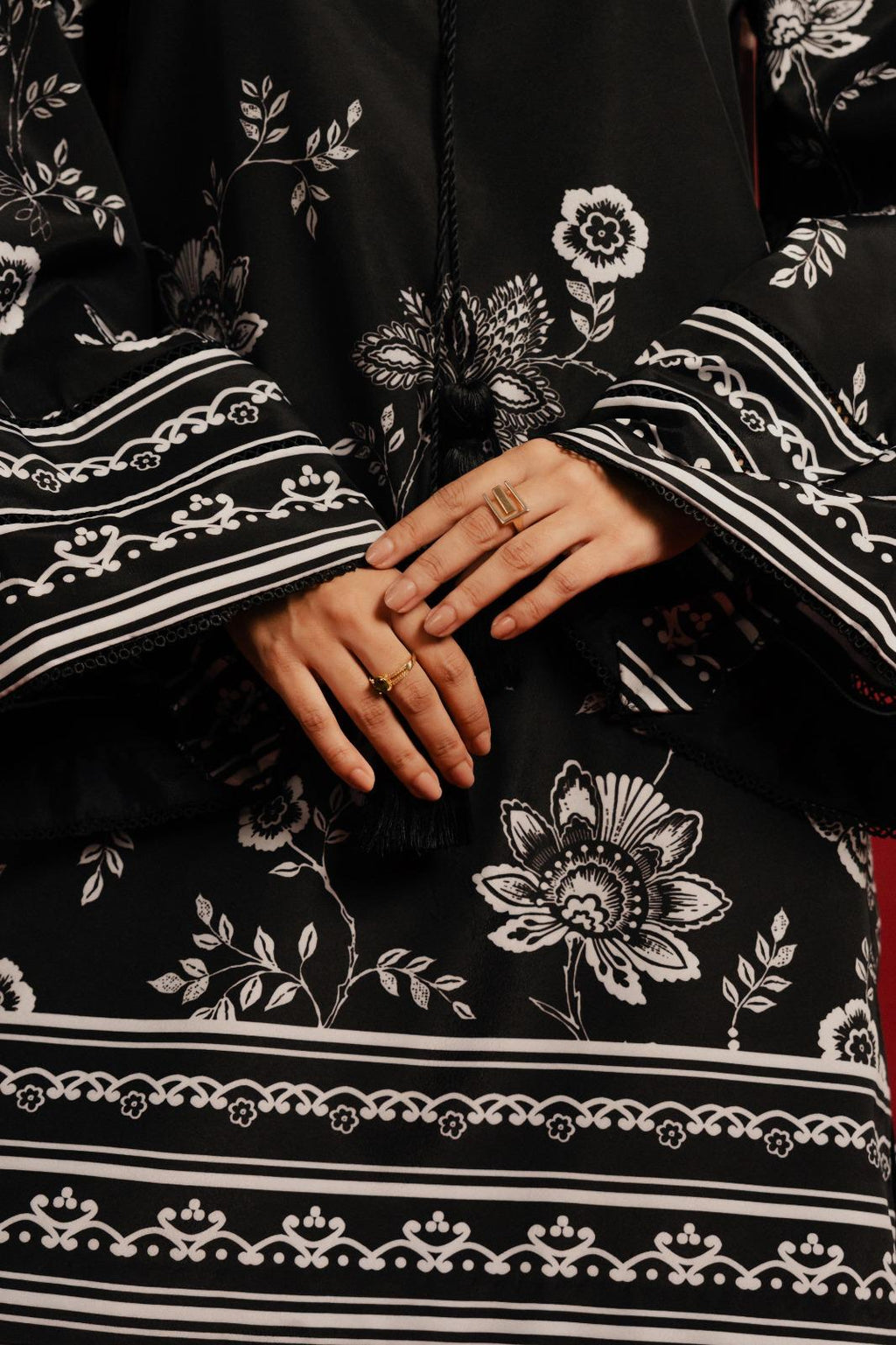 Black Floral Printed Premium Soft Crepe 3PC Coord Set with Scarf | Wide Sleeves & Palazzo Pants | SKU: J6134