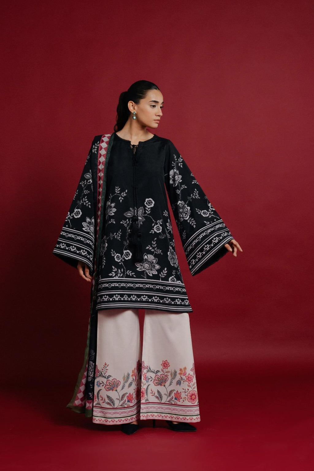 Black Floral Printed Premium Soft Crepe 3PC Coord Set with Scarf | Wide Sleeves & Palazzo Pants | SKU: J6134