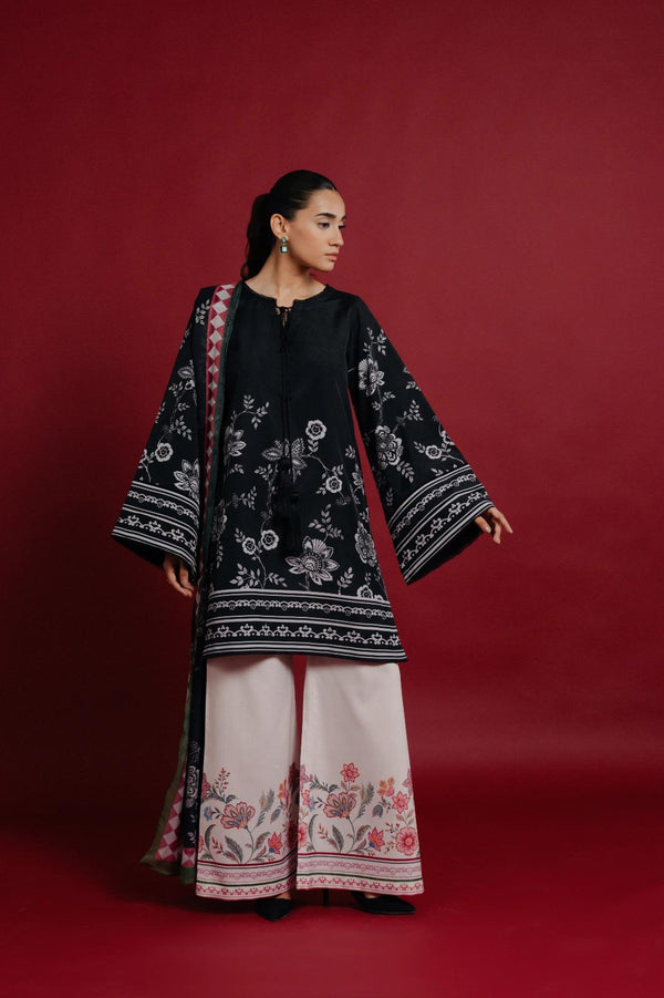 Black Floral Printed Premium Soft Crepe 3PC Coord Set with Scarf | Wide Sleeves & Palazzo Pants | SKU: J6134