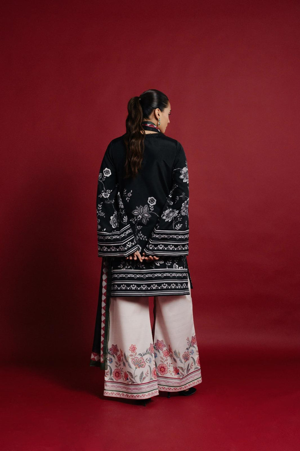 Black Floral Printed Premium Soft Crepe 3PC Coord Set with Scarf | Wide Sleeves & Palazzo Pants | SKU: J6134