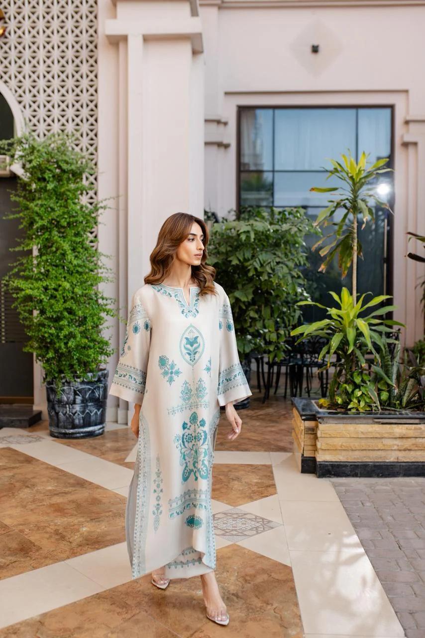Cream Embroidered Cotton Satin Blend Kaftan Coord Set | Available in Turquoise & Black | SKU: J6137