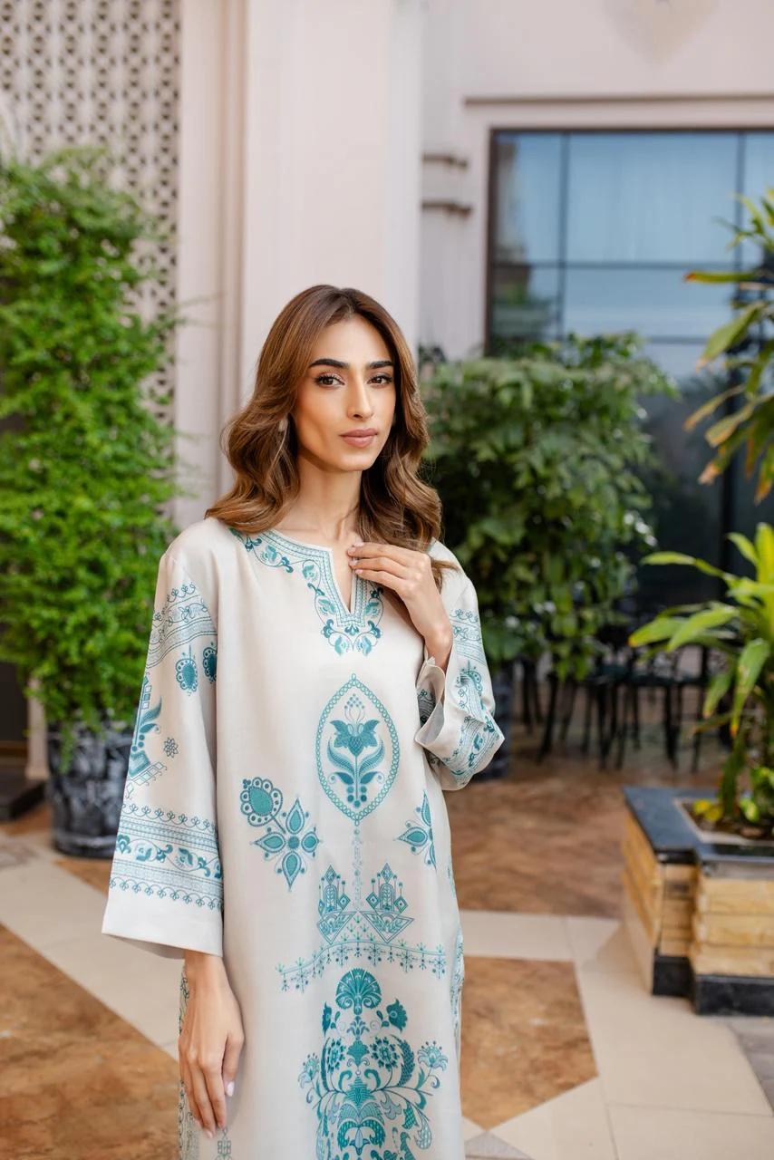 Cream Embroidered Cotton Satin Blend Kaftan Coord Set | Available in Turquoise & Black | SKU: J6137