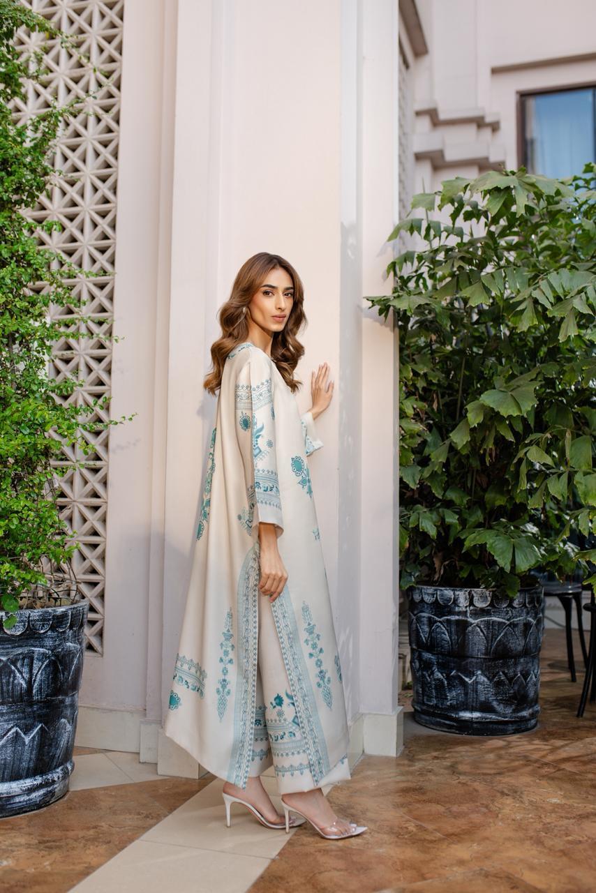 Cream Embroidered Cotton Satin Blend Kaftan Coord Set | Available in Turquoise & Black | SKU: J6137