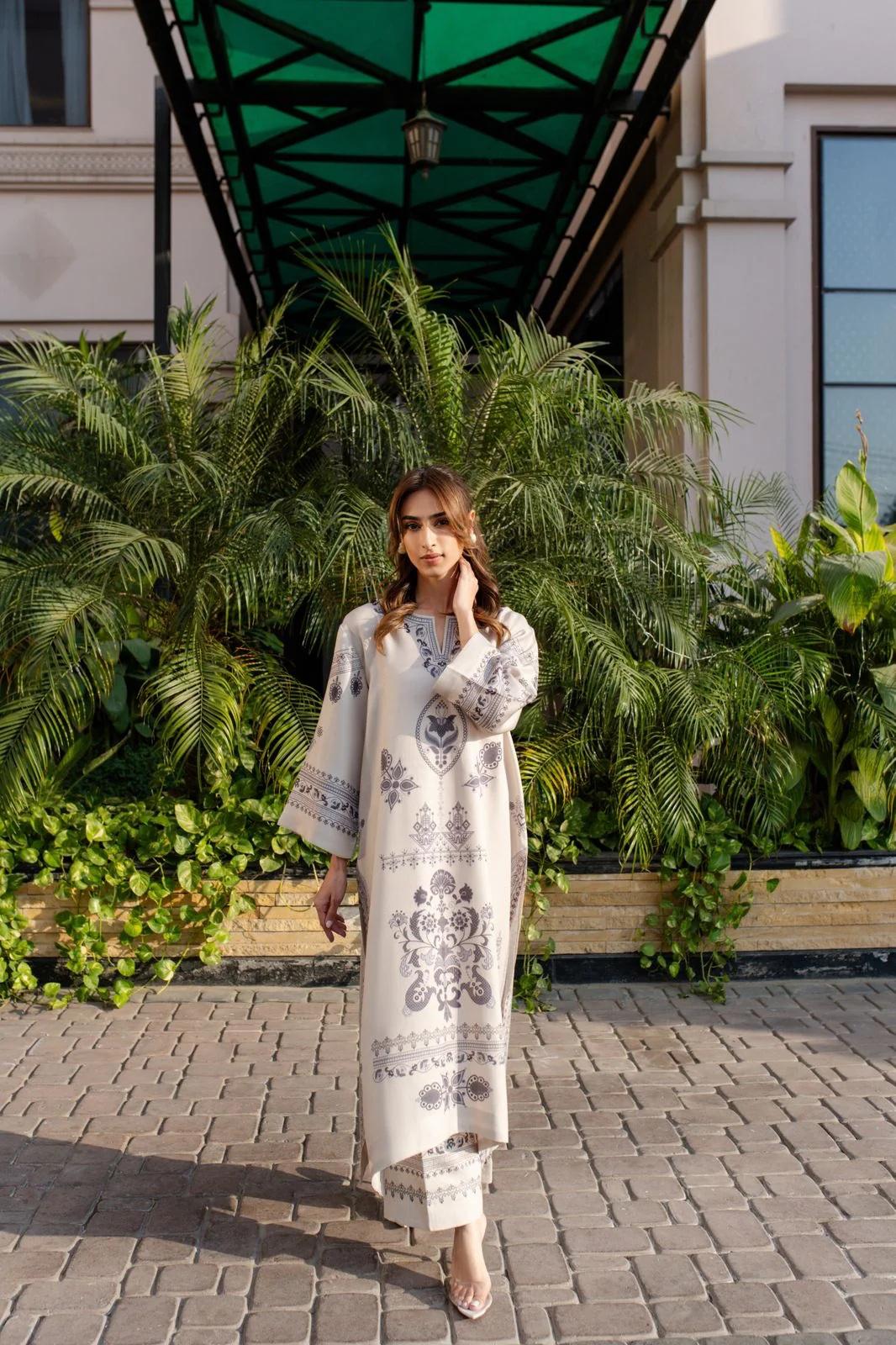 Cream Embroidered Cotton Satin Blend Kaftan Coord Set | Available in Turquoise & Black | SKU: J6137