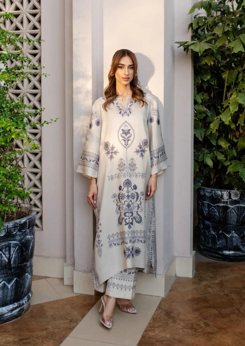 Cream Embroidered Cotton Satin Blend Kaftan Coord Set | Available in Turquoise & Black | SKU: J6137
