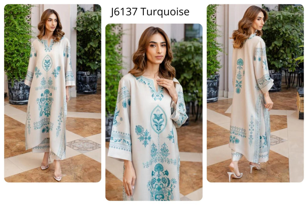 Cream Embroidered Cotton Satin Blend Kaftan Coord Set | Available in Turquoise & Black | SKU: J6137
