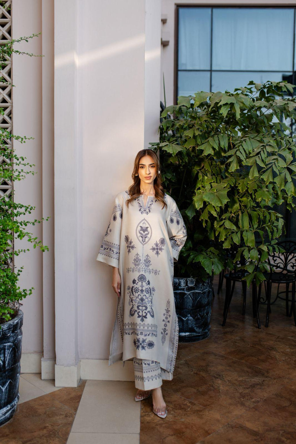 Cream Embroidered Cotton Satin Blend Kaftan Coord Set | Available in Turquoise & Black | SKU: J6137