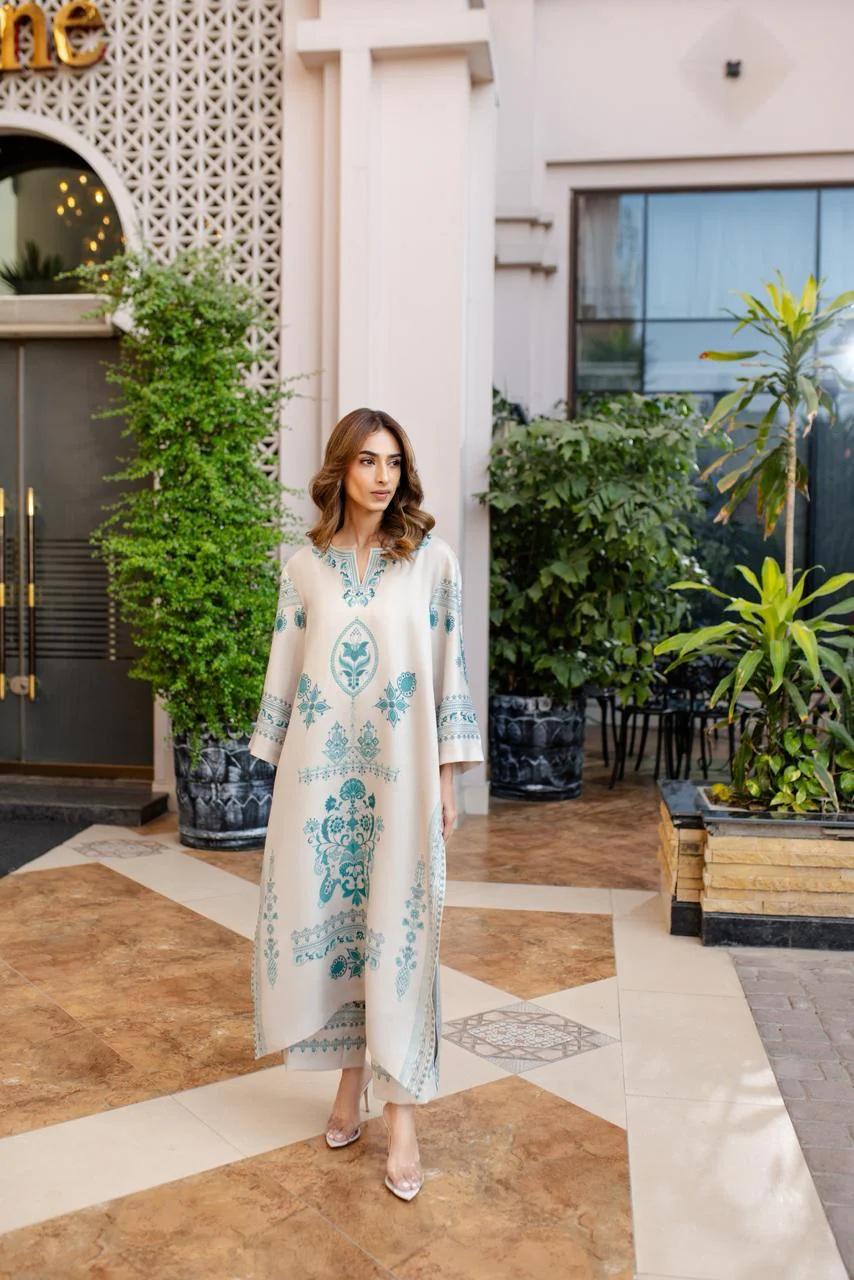 Cream Embroidered Cotton Satin Blend Kaftan Coord Set | Available in Turquoise & Black | SKU: J6137