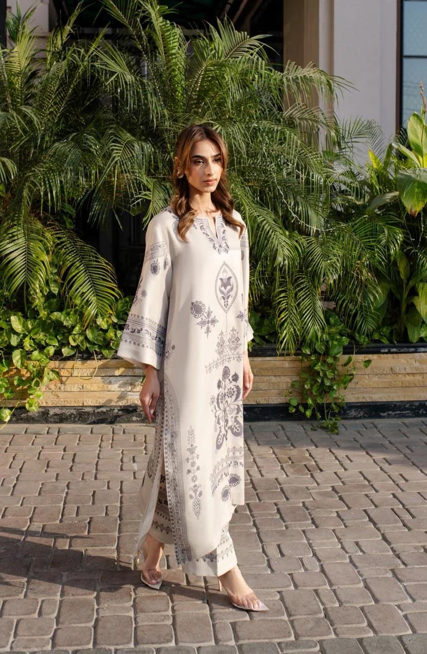 Cream Embroidered Cotton Satin Blend Kaftan Coord Set | Available in Turquoise & Black | SKU: J6137
