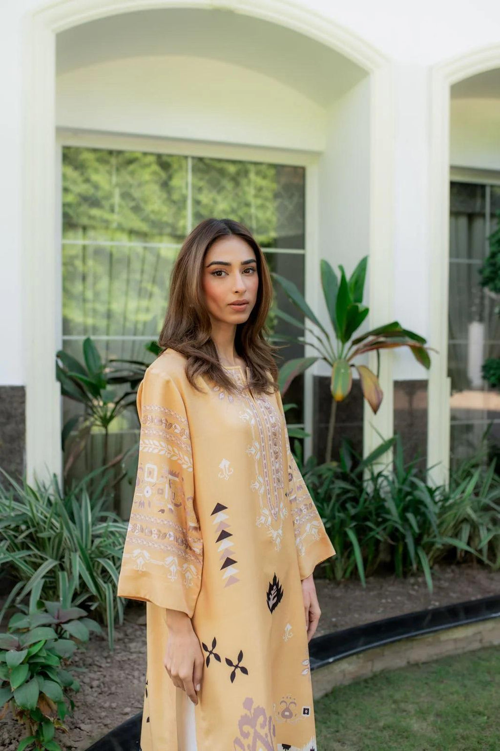 Mustard Yellow Ethnic Printed Blended Cotton Satin Kaftan | Wide Sleeve Coord Set | SKU: J6065