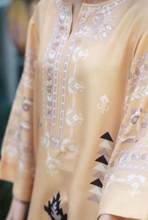 Mustard Yellow Ethnic Printed Blended Cotton Satin Kaftan | Wide Sleeve Coord Set | SKU: J6065