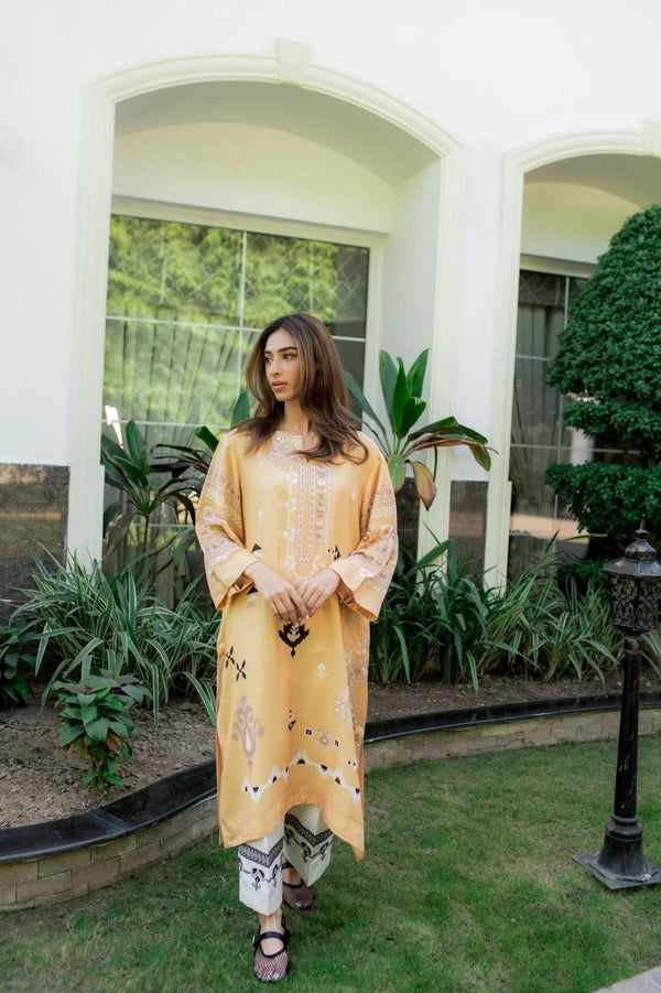 Mustard Yellow Ethnic Printed Blended Cotton Satin Kaftan | Wide Sleeve Coord Set | SKU: J6065