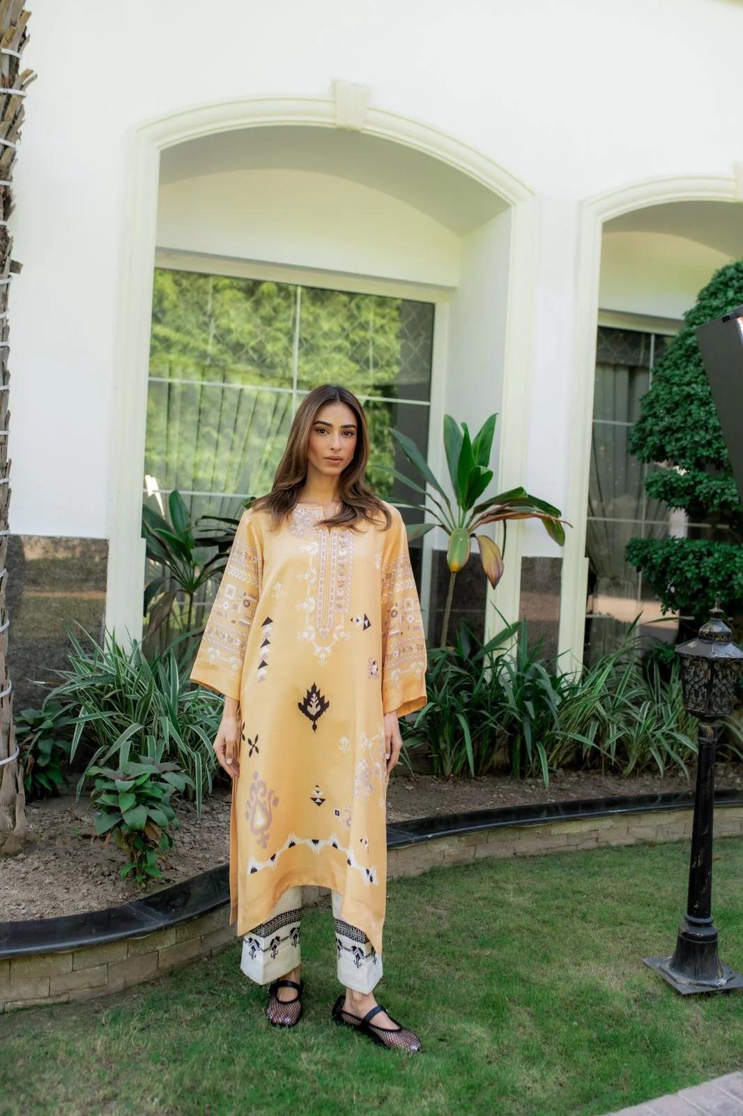 Mustard Yellow Ethnic Printed Blended Cotton Satin Kaftan | Wide Sleeve Coord Set | SKU: J6065