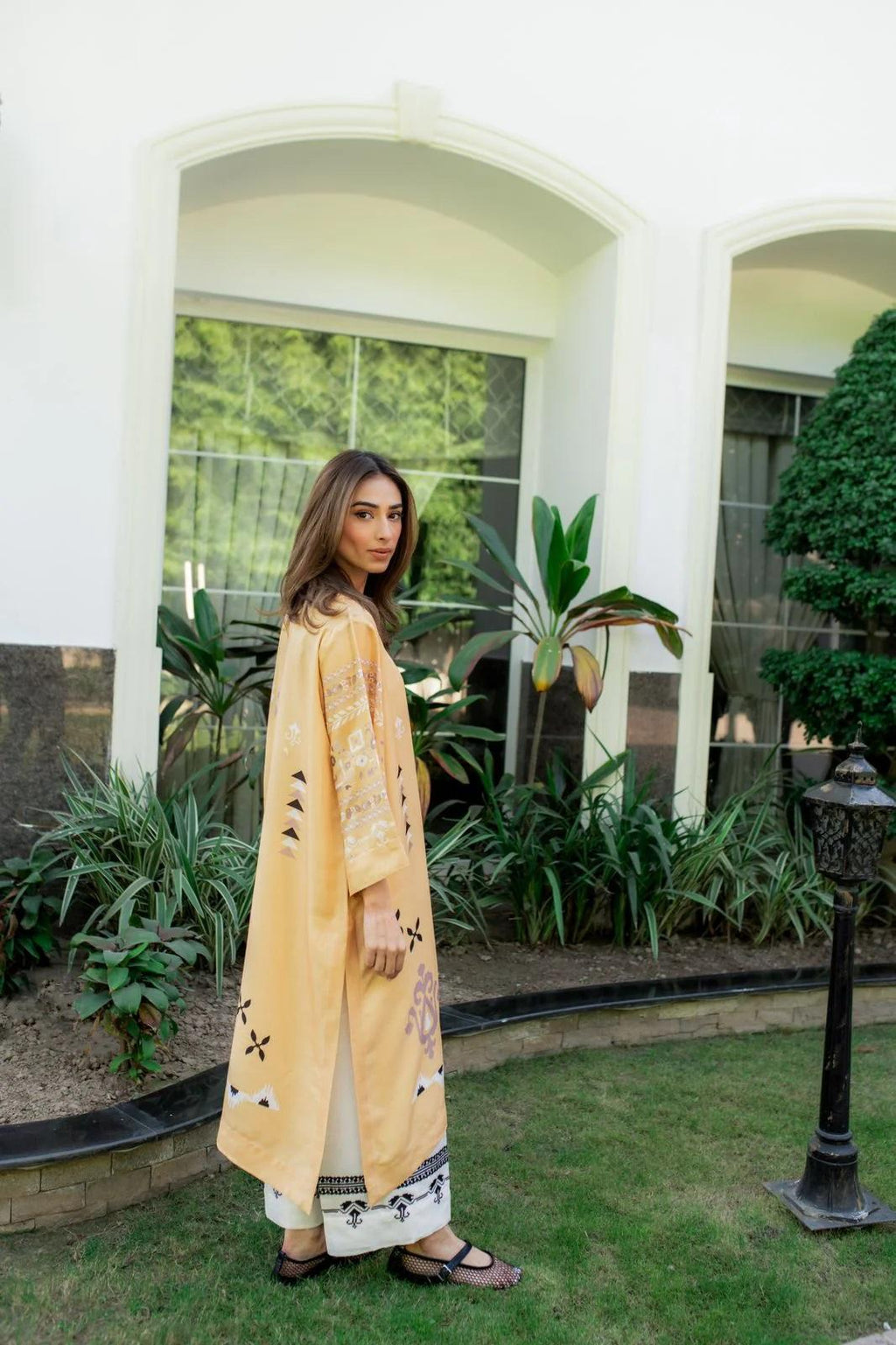 Mustard Yellow Ethnic Printed Blended Cotton Satin Kaftan | Wide Sleeve Coord Set | SKU: J6065